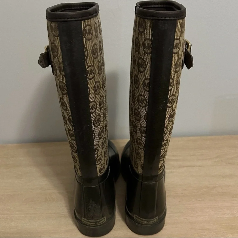 Michael Kors Tan Monogram Print Buckle Knee High Rain Boots Preppy‎ Luxe Style